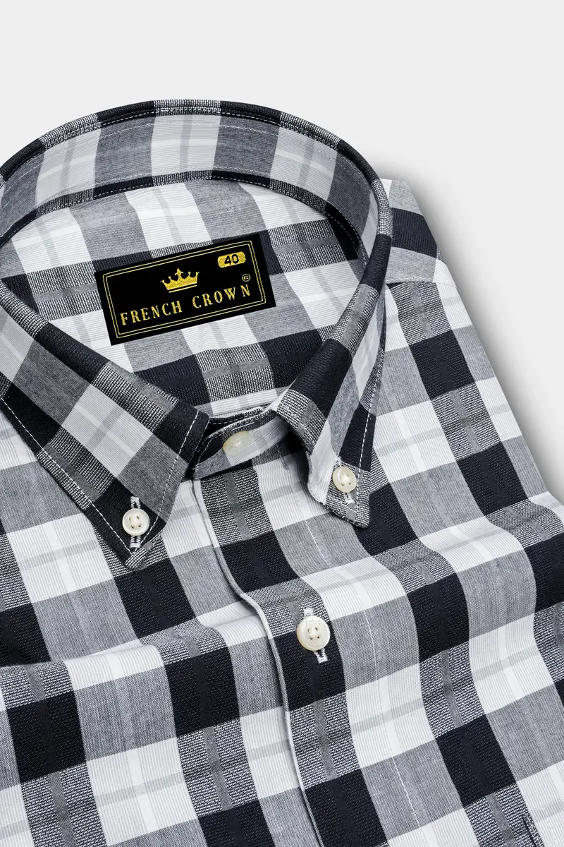 Black And White Checkered Dobby Textured Premium Giza Cotton Shirt 2