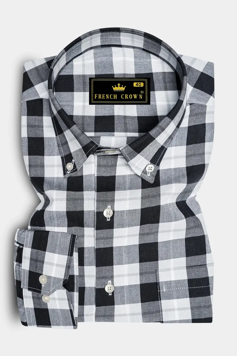 Black And White Checkered Dobby Textured Premium Giza Cotton Shirt 4