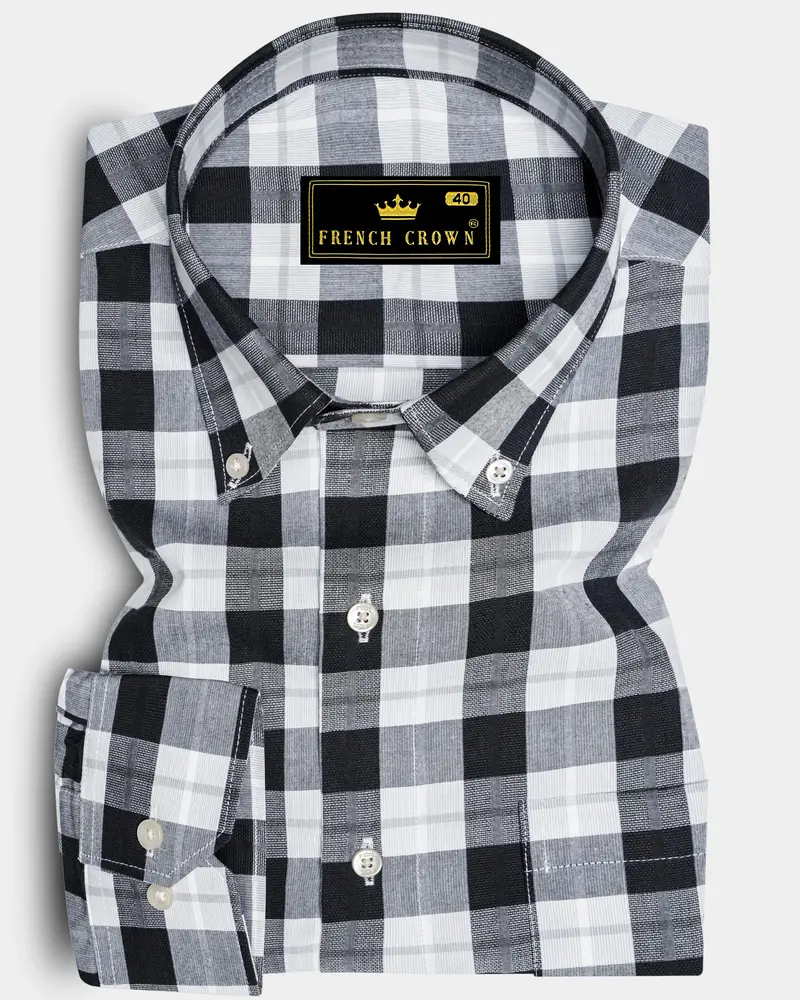 Black And White Checkered Dobby Textured Premium Giza Cotton Shirt 6