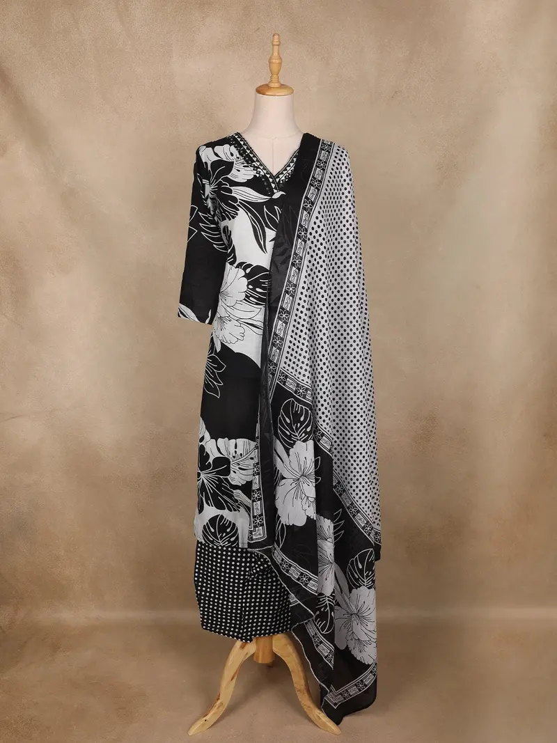 Black And White Floral Printed Cotton Salwar 1