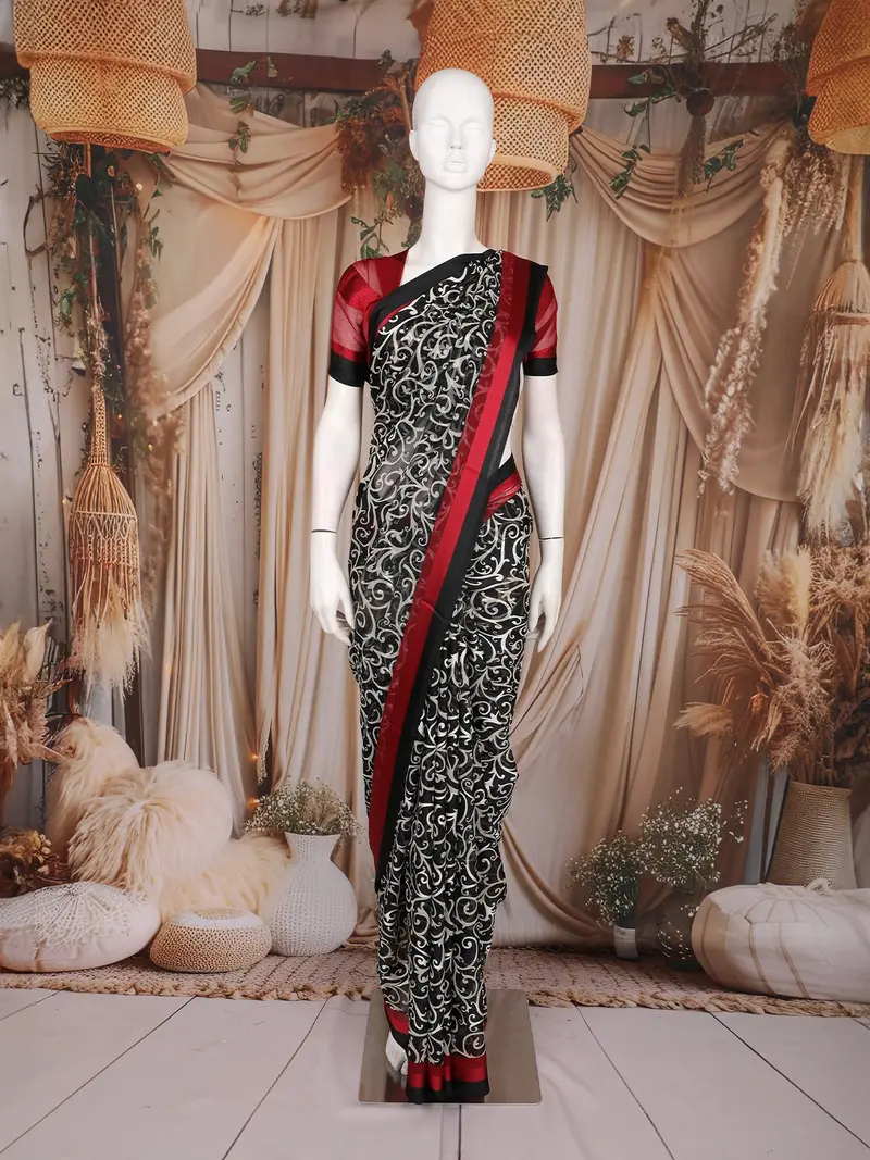Black And White Floral Printed Design Chiffon Saree With Contrast Maroon Border 1
