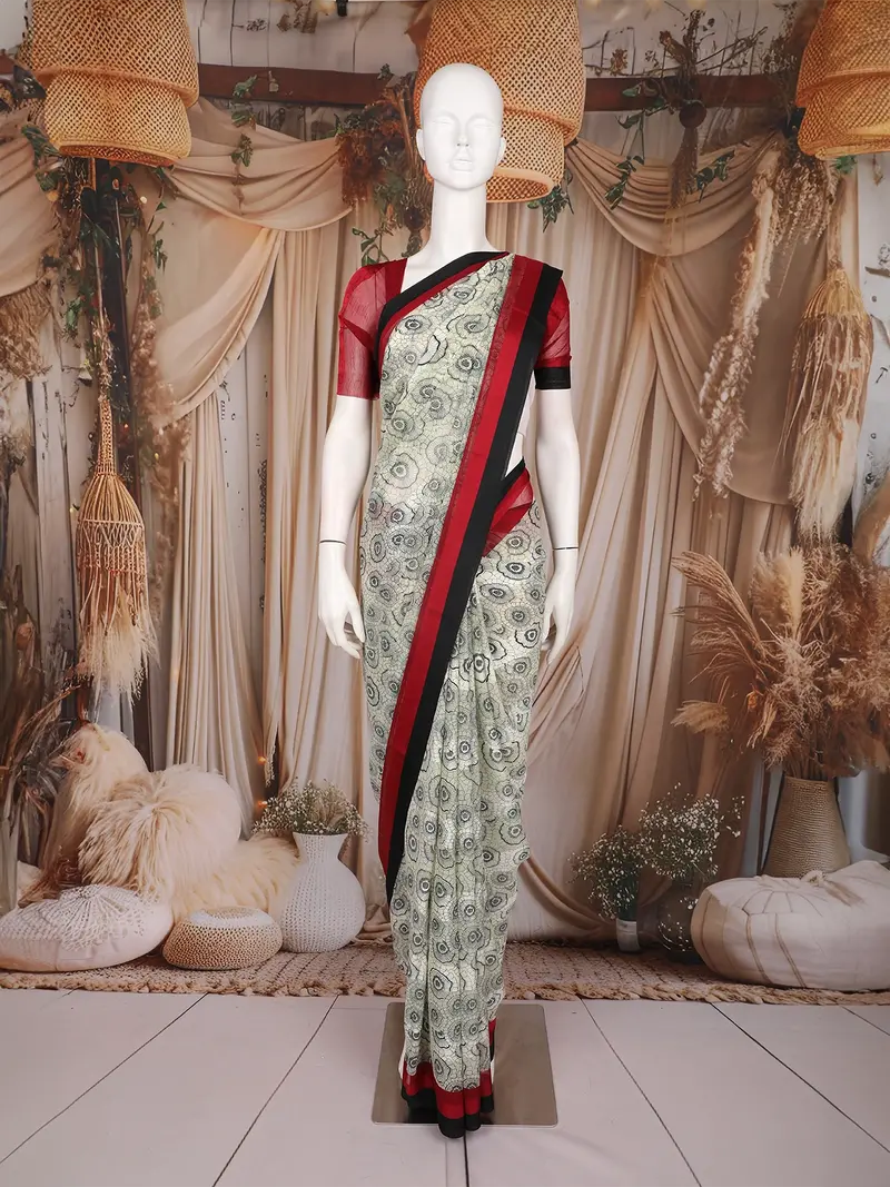 Black And White Floral Printed Design Chiffon Saree With Contrast Red Border 1