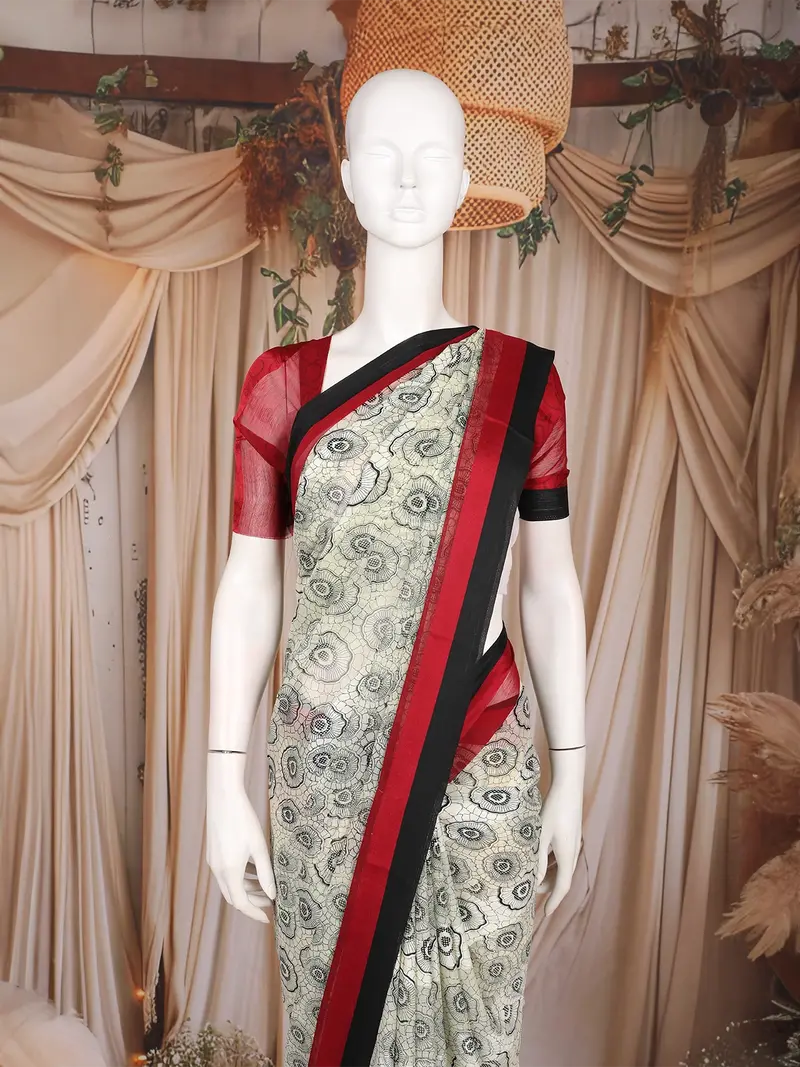 Black And White Floral Printed Design Chiffon Saree With Contrast Red Border 2