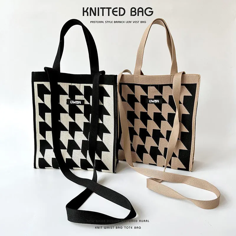 Black And White Houndstooth Knit Tote 1