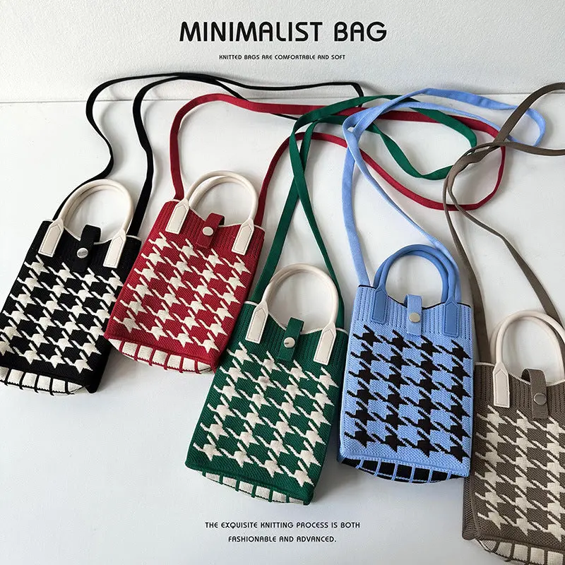 Black And White Houndstooth Mini Knit Phone Bag 1