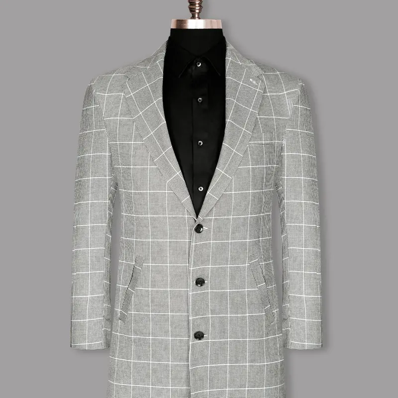 Black And White Houndstooth Windowpane Stretchable Trench Coat 1
