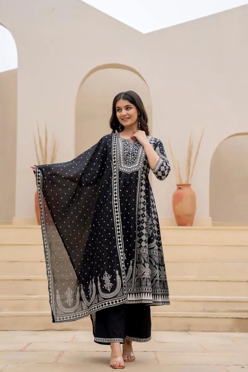 Black And White Printed Cotton Palazzo Suit And Dupatta 1
