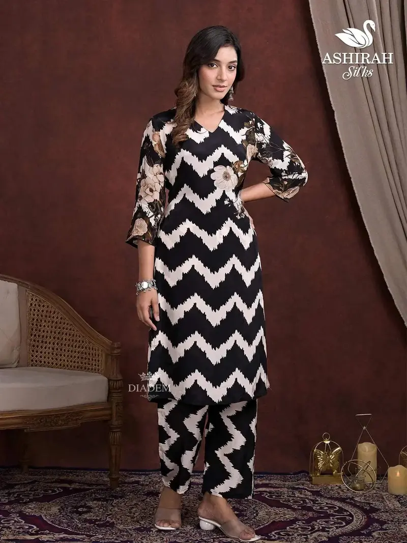Black And White Straight Cut Salwar Suit Embellished With Chevron Pattern And Floral Prints 1