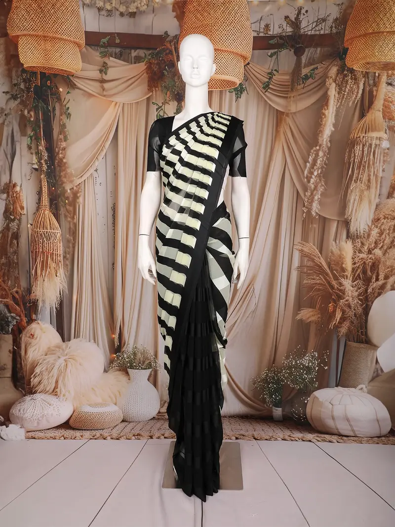 Black And White Striped Printed Design Chiffon Saree With Contrast Border 1