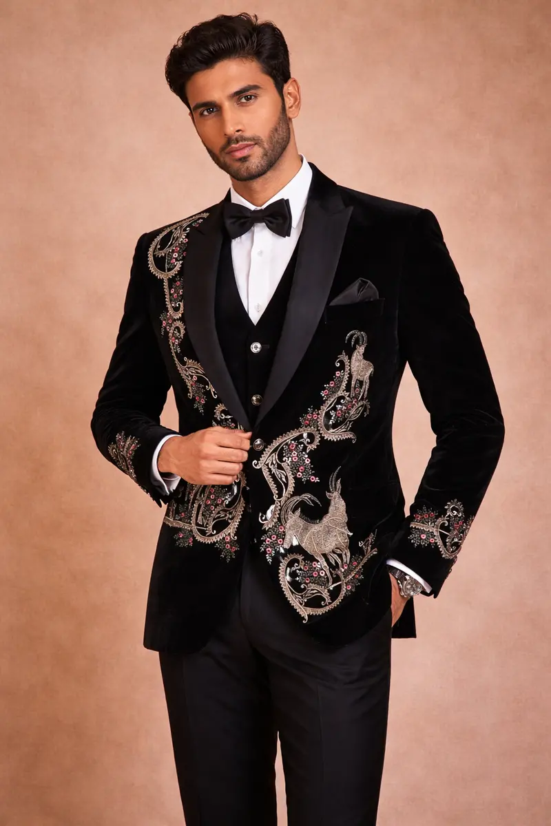 Black Animal Designed Men's Suit 1