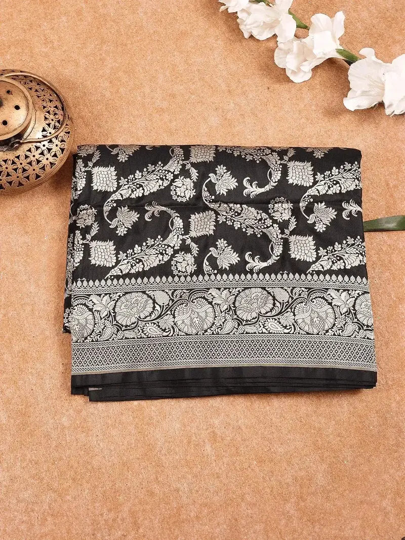 Black Banarasi Saree With Flower Motifs On The Body With Designed Zari Border 1
