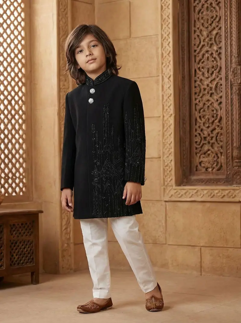 Black Bead Embroidered Indo-Western Kids Viscose Sherwani With White Pajama 1