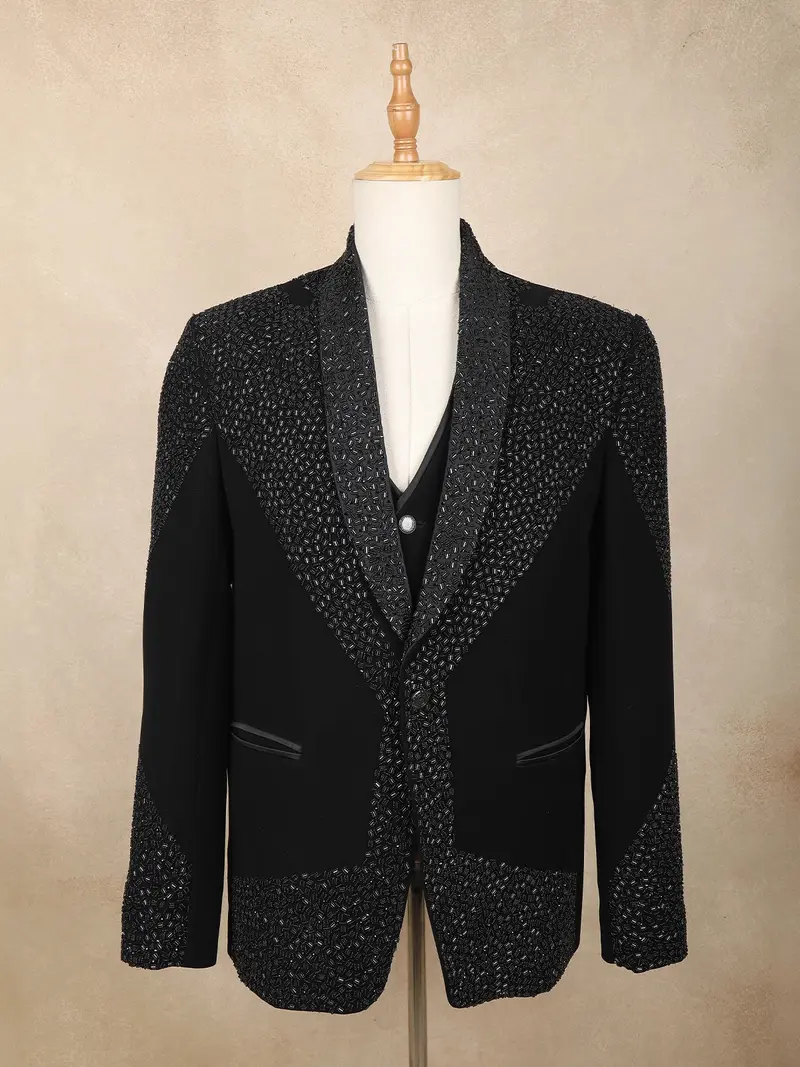 Black Beads And Stone Embroidered Rayon Men's Suit 1