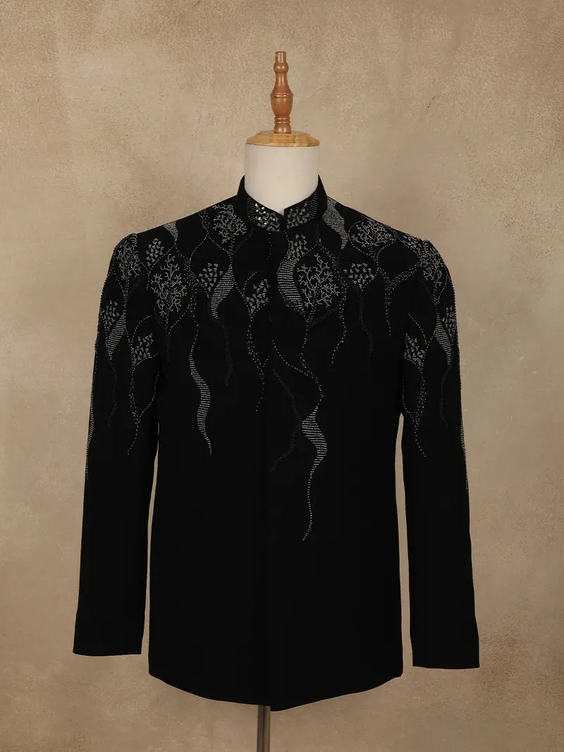 Black Beads Embroidered Design Polynosic Men's Suit 1