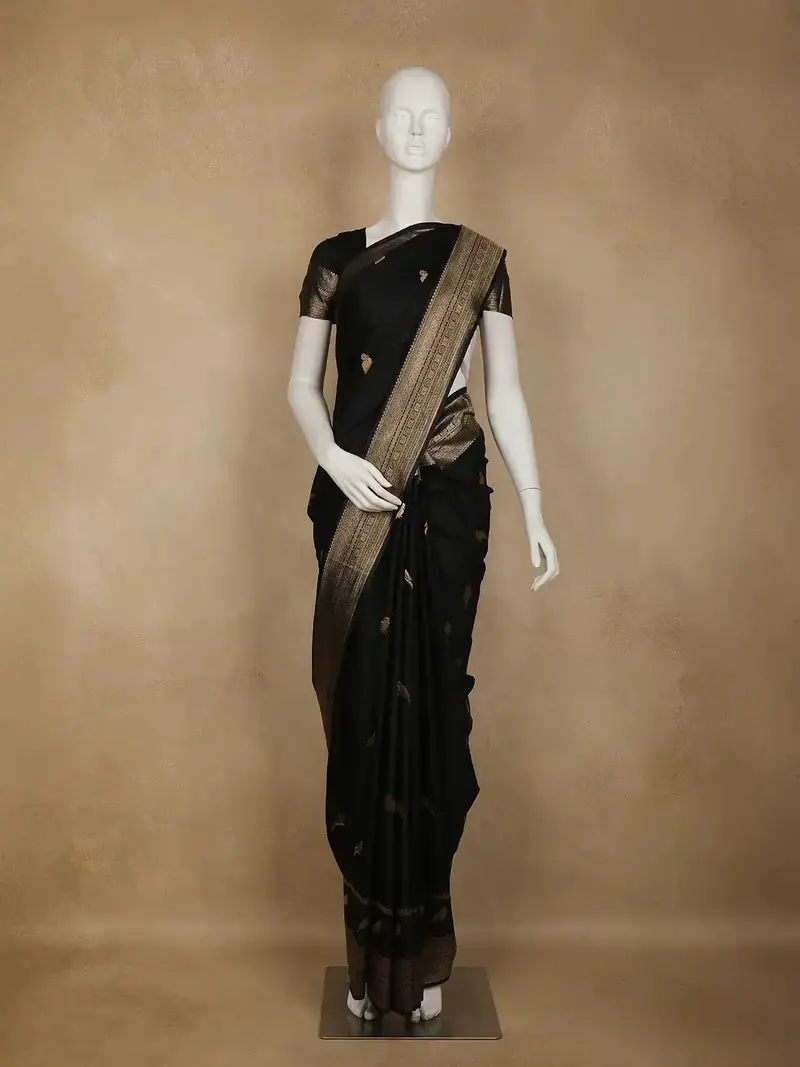 Black Bird Design Raw Silk Saree 1
