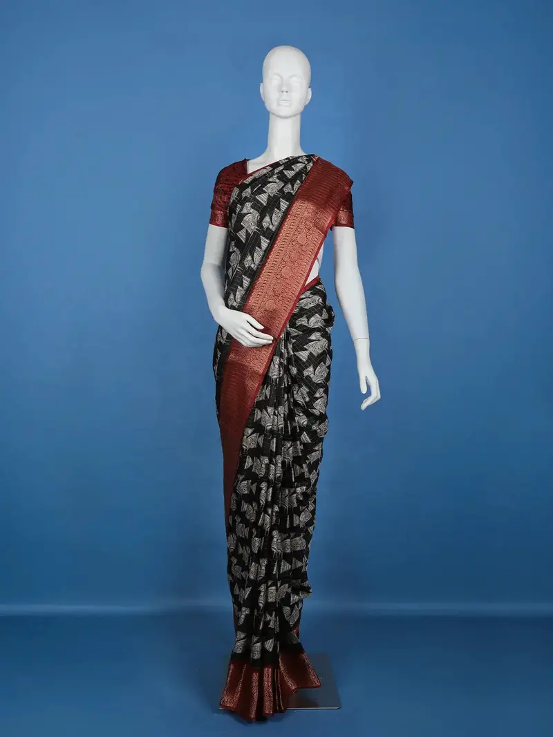 Black Bird Design Tussar Silk Saree 1