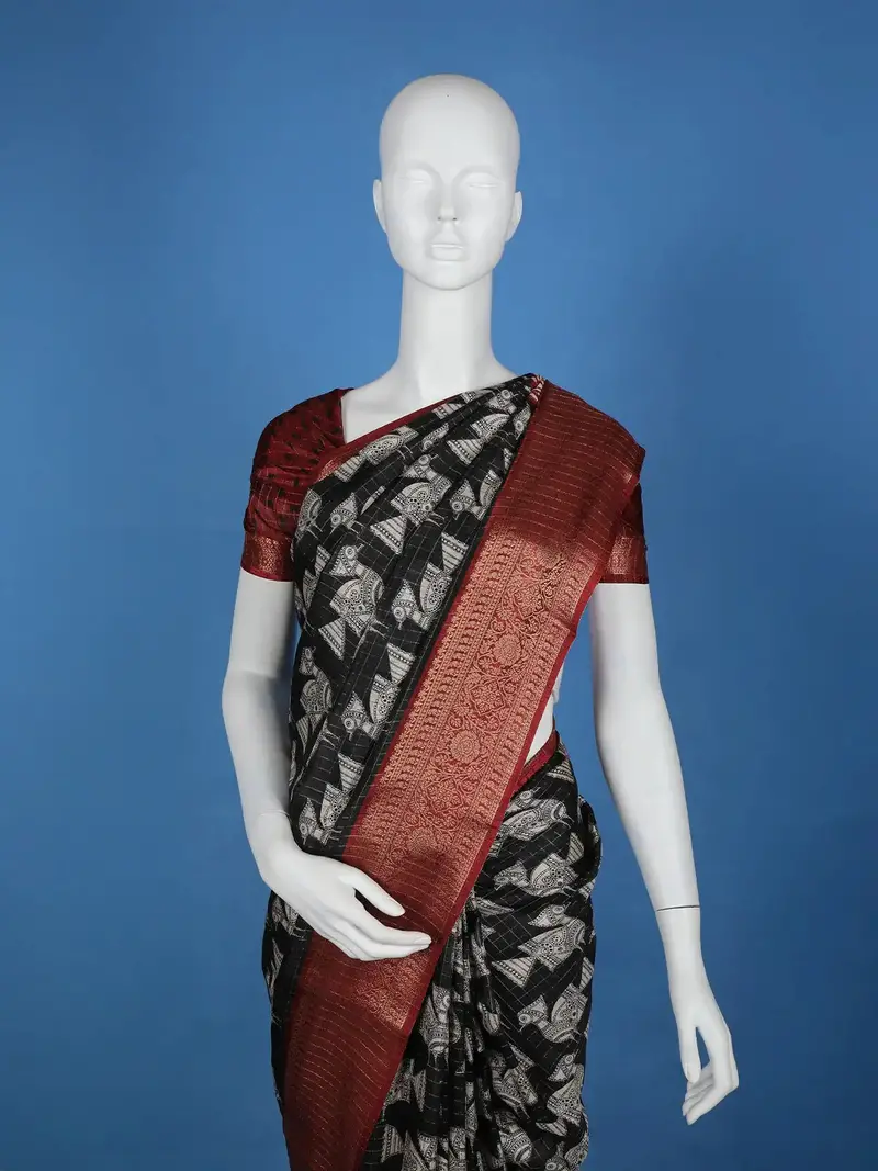 Black Bird Design Tussar Silk Saree 2