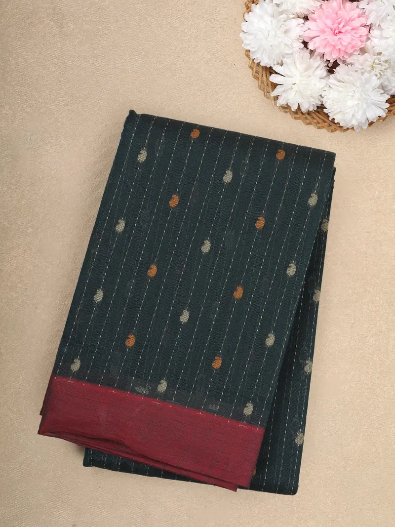 Black Butta Design Cotton Saree With Maroon Border 1