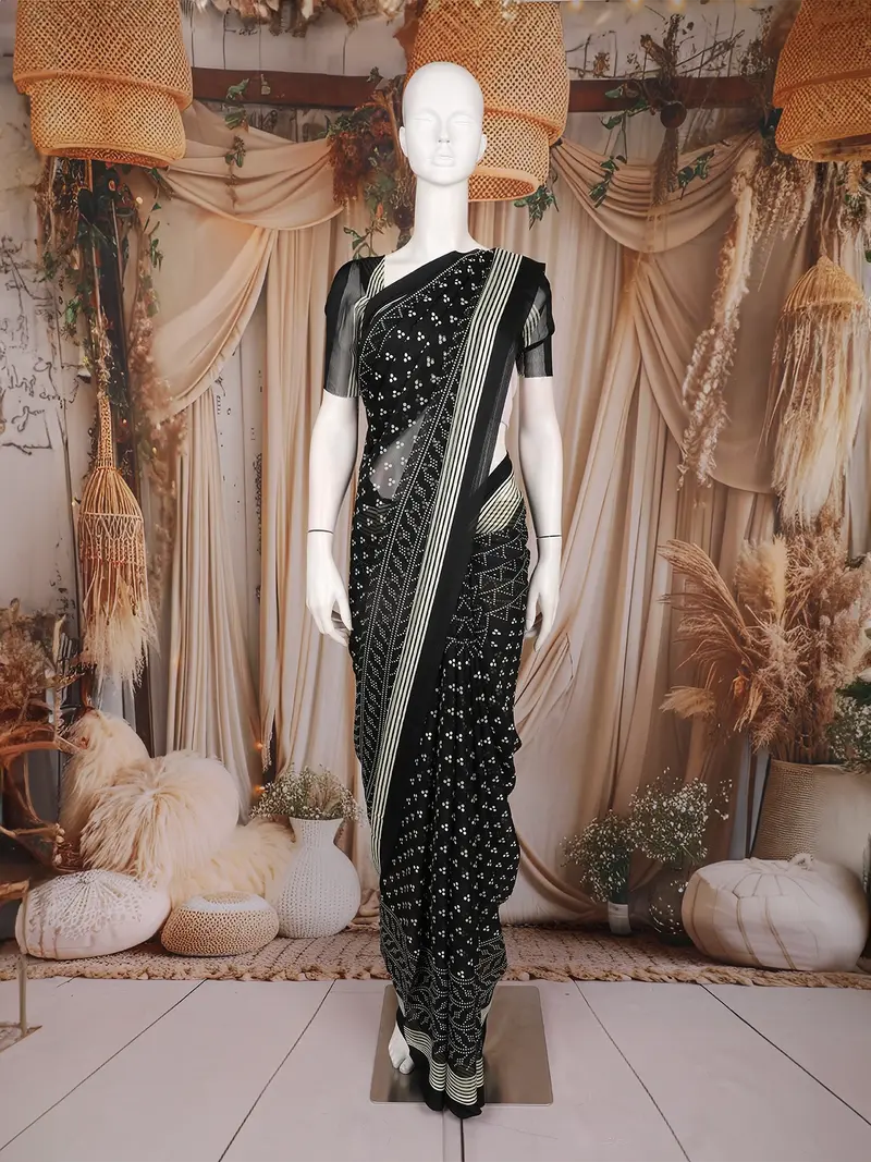 Black Butta Printed Design Chiffon Saree With Contrast White Pattern Border 1