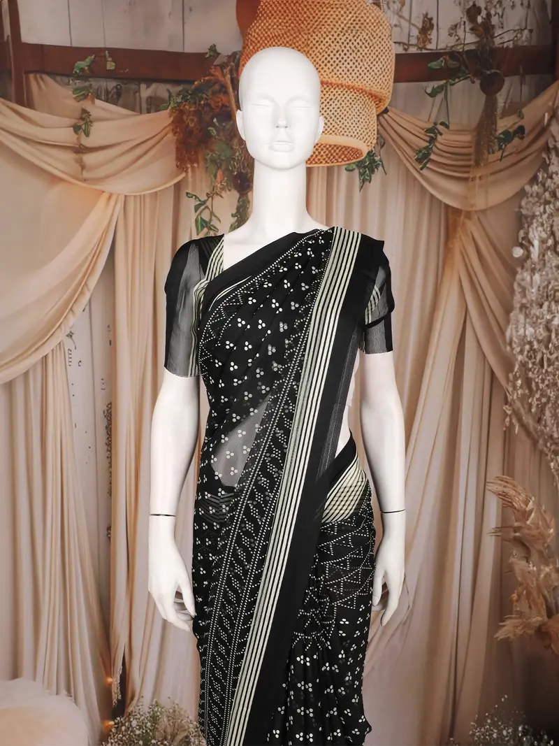 Black Butta Printed Design Chiffon Saree With Contrast White Pattern Border 2