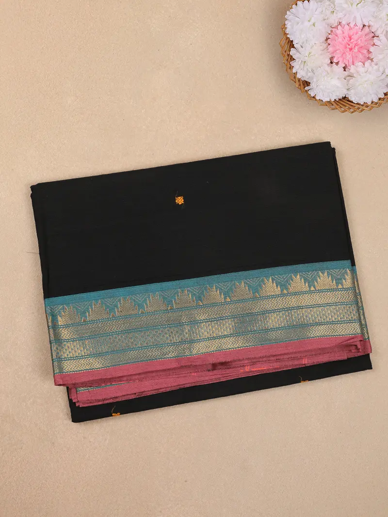 Black Butta Woven Design Cotton Saree With Contrast Zari Border 1