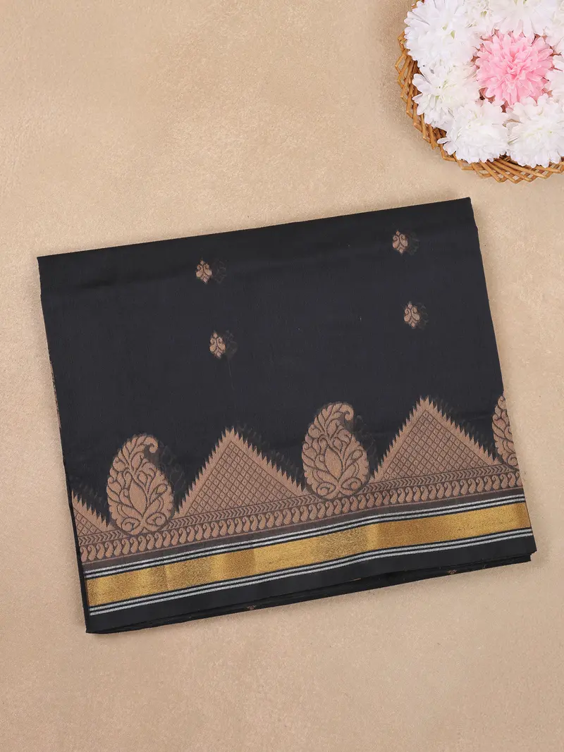 Black Butta Woven Design Cotton Saree With Zari Border 1