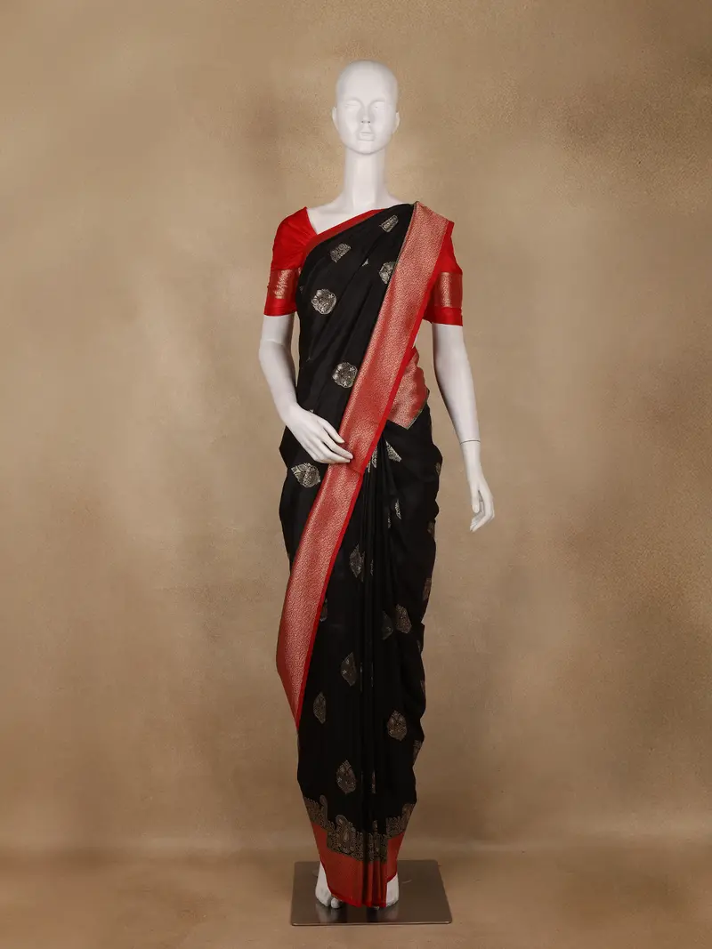 Black Butta Woven Design Semi Banarasi Silk Saree 1