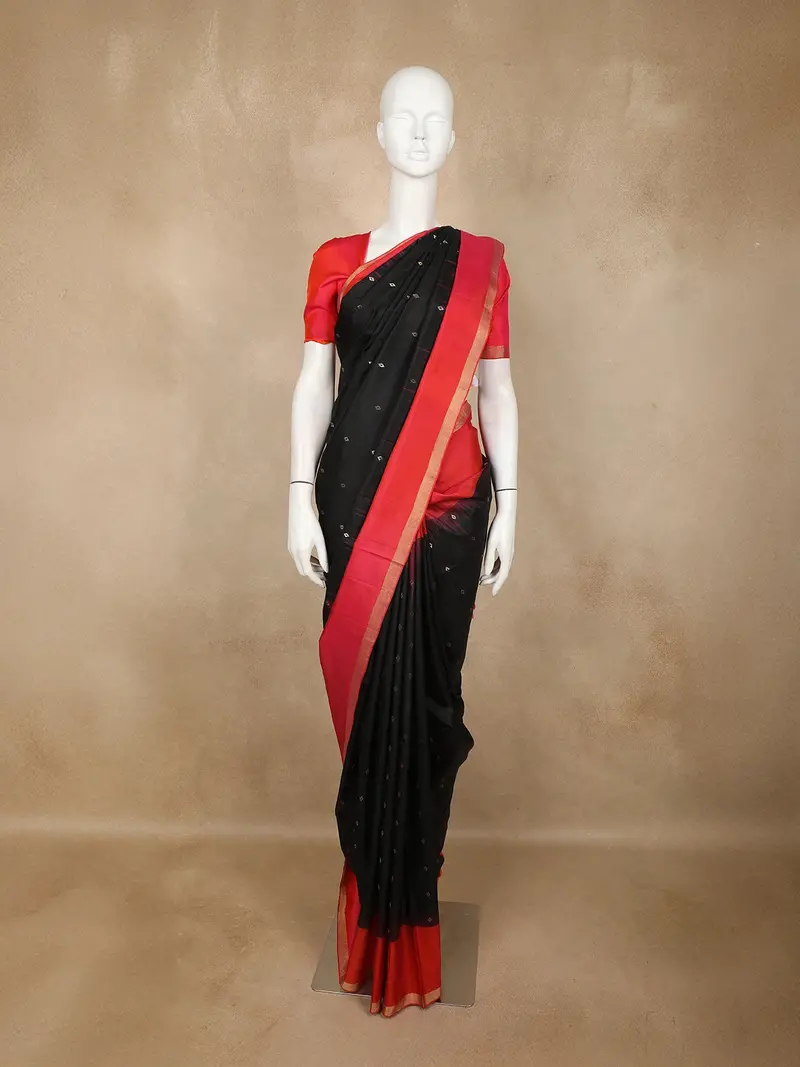 Black Butta Woven Design Soft Silk Saree With Contrast Red Zari Border 1