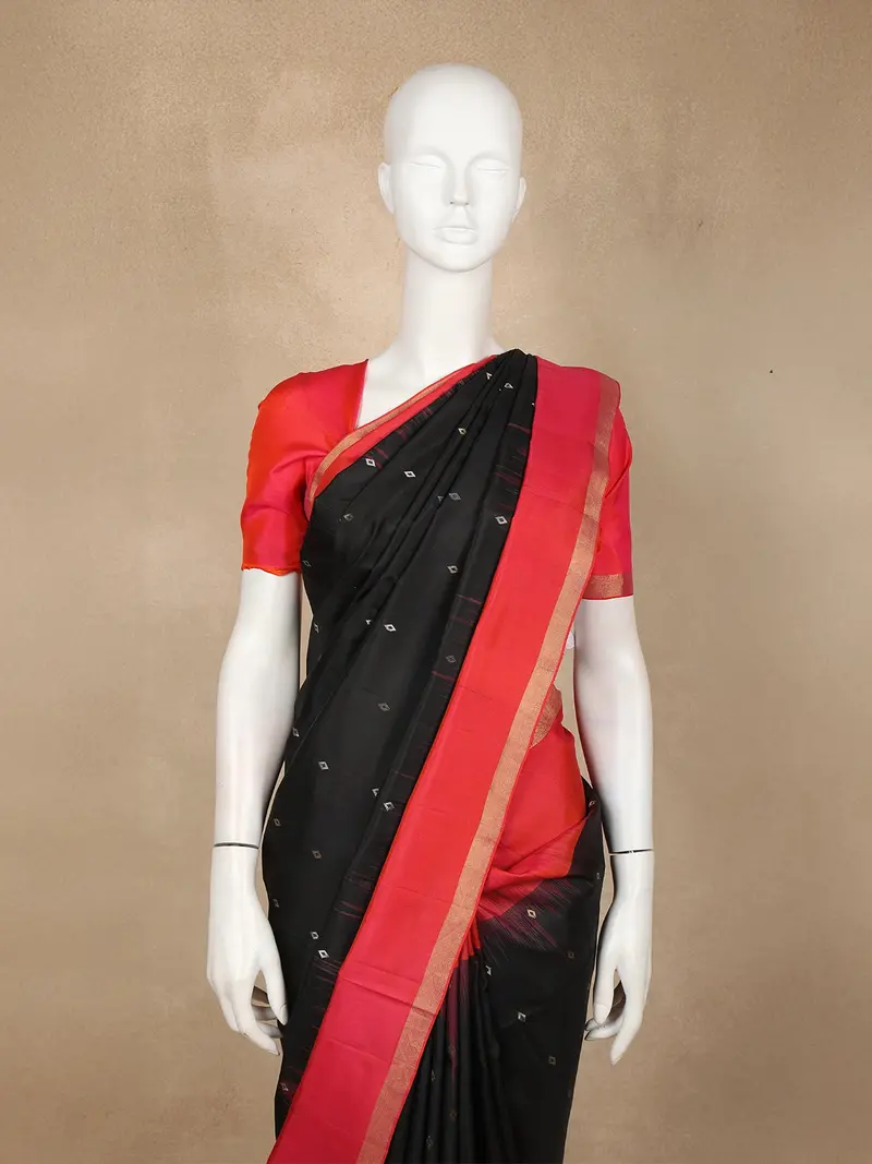 Black Butta Woven Design Soft Silk Saree With Contrast Red Zari Border 2