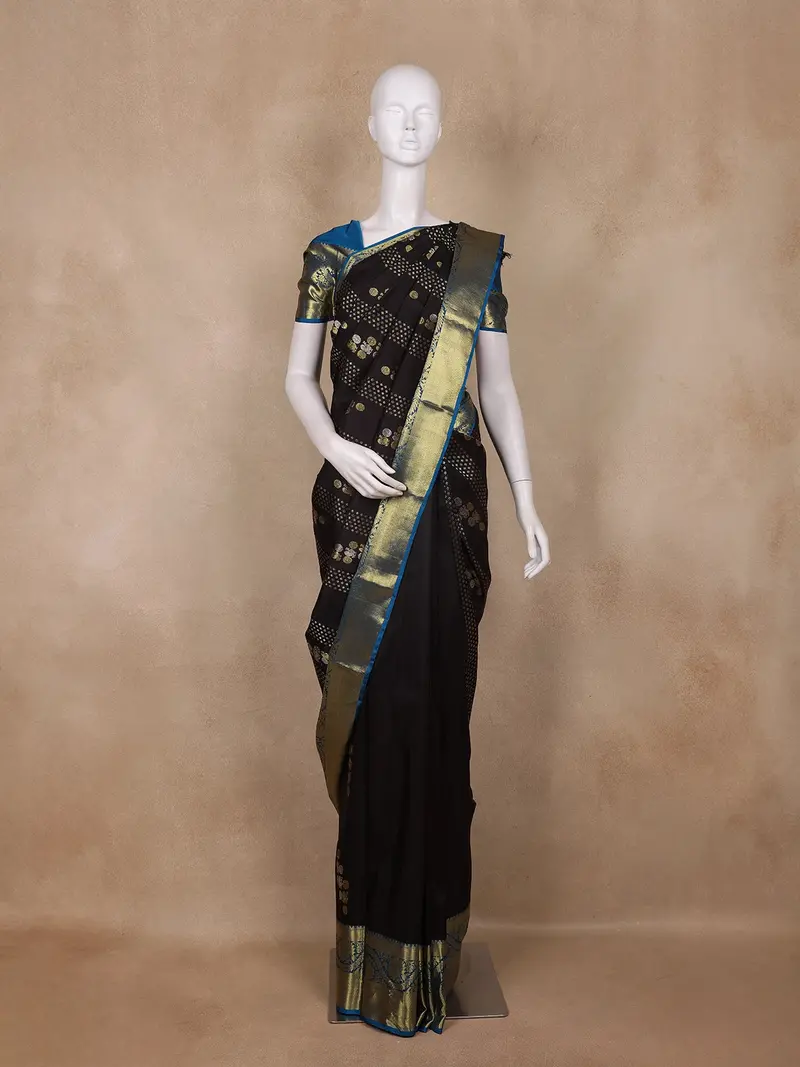 Black Butta Woven Kanchipuram Silk Saree With Blue Zari Border 1