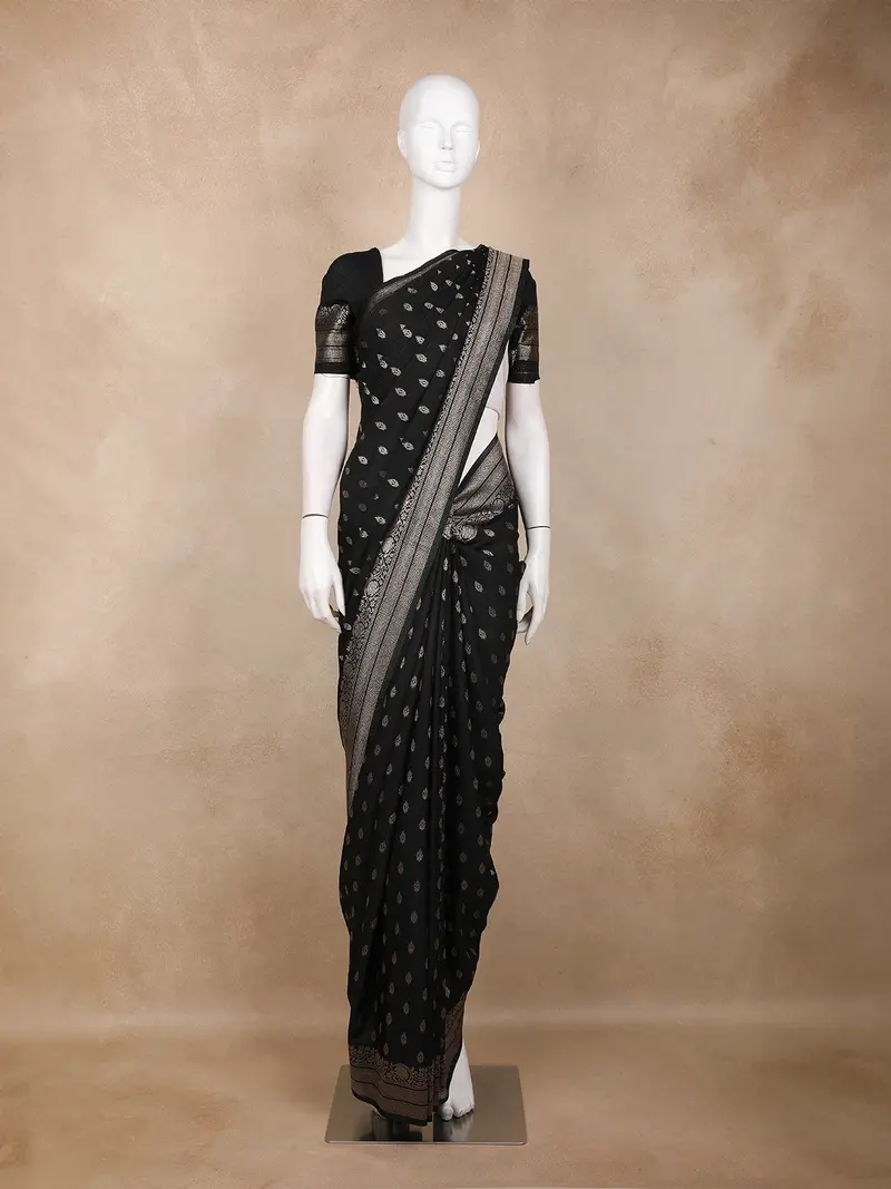 Black Butta Woven Raw Silk Saree With Floral Zari Border 1