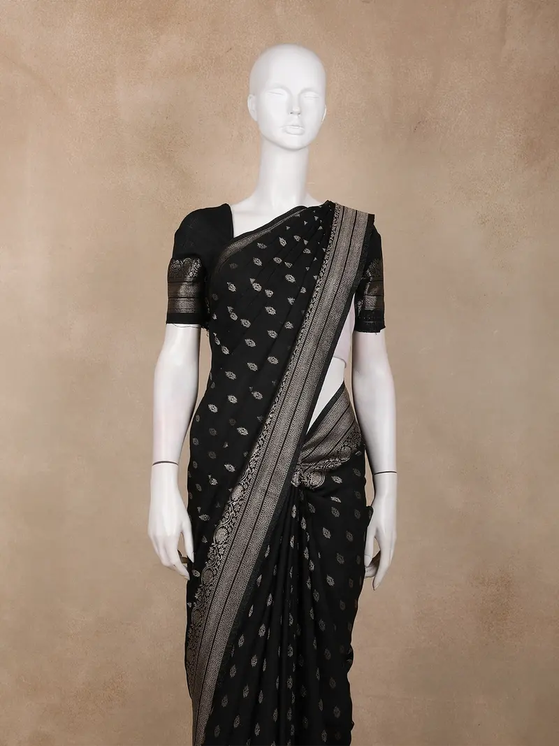 Black Butta Woven Raw Silk Saree With Floral Zari Border 2