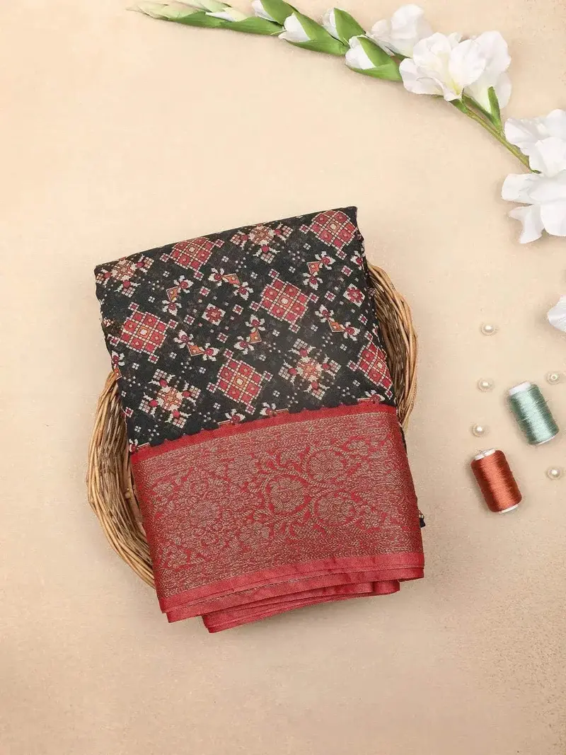 Black Chanderi Silk Saree With Illusion Design On The Body With Contrast Border 1