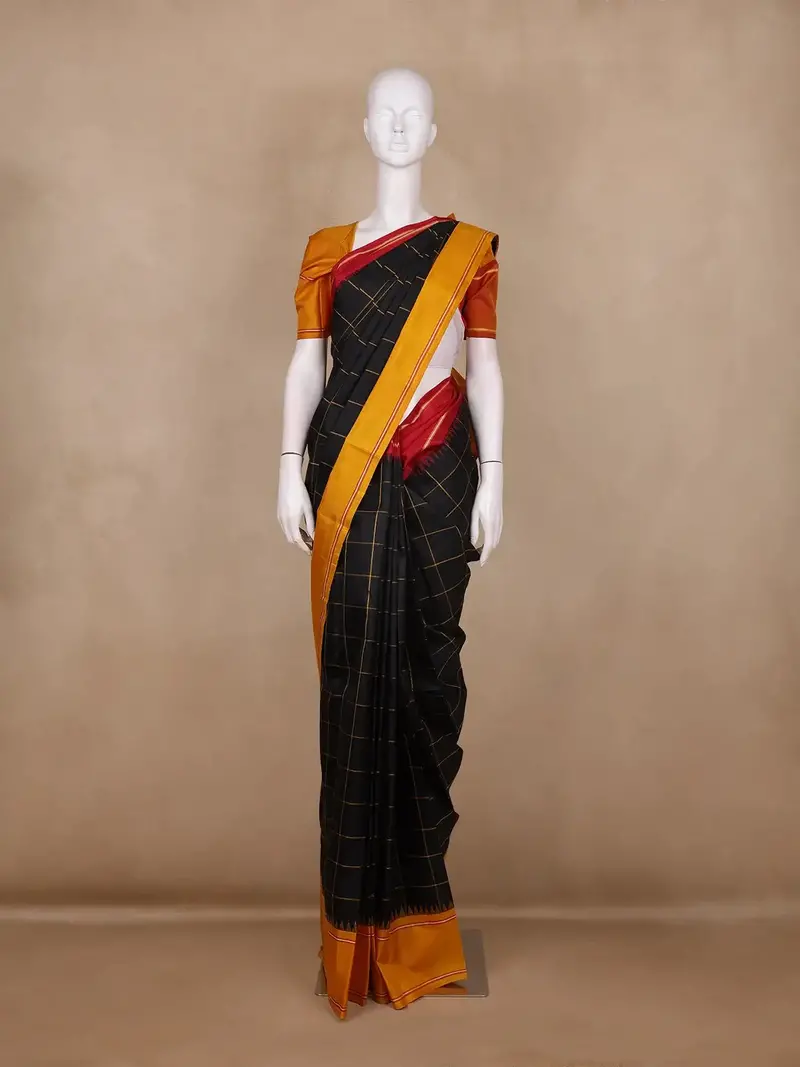 Black Checked Design Pure Kanchipuram Silk Saree 1