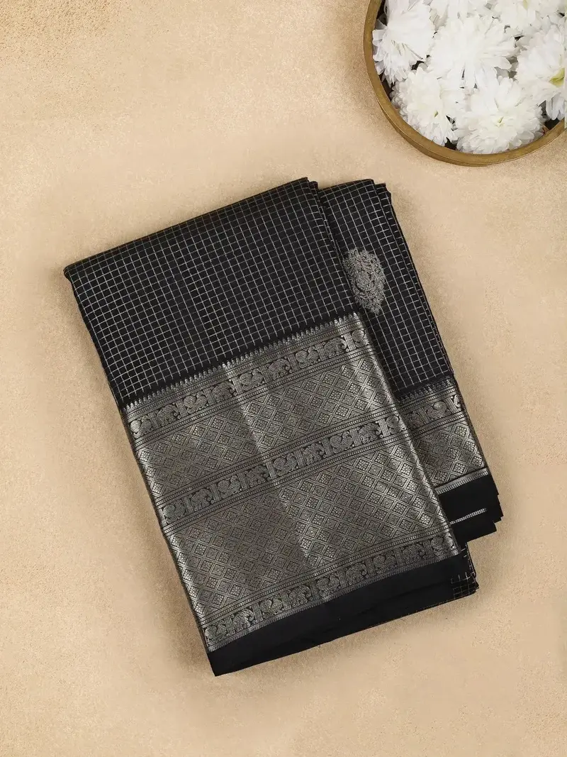 Black Checked Woven Pure Kanchipuram Silk Saree 1