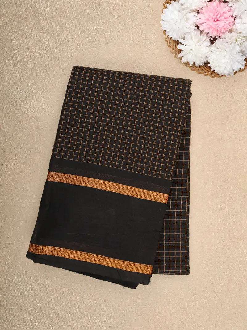 Black Checks Design Cotton Saree With Contrast Mustard Woven Border 1