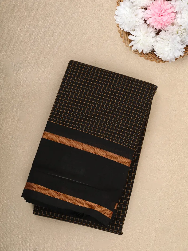 Black Checks Design Cotton Saree With Copper Zari Woven Border 1