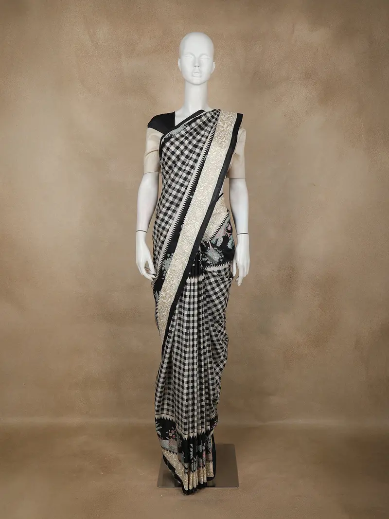 Black Checks Semi Tussar Saree With Designer Border 1