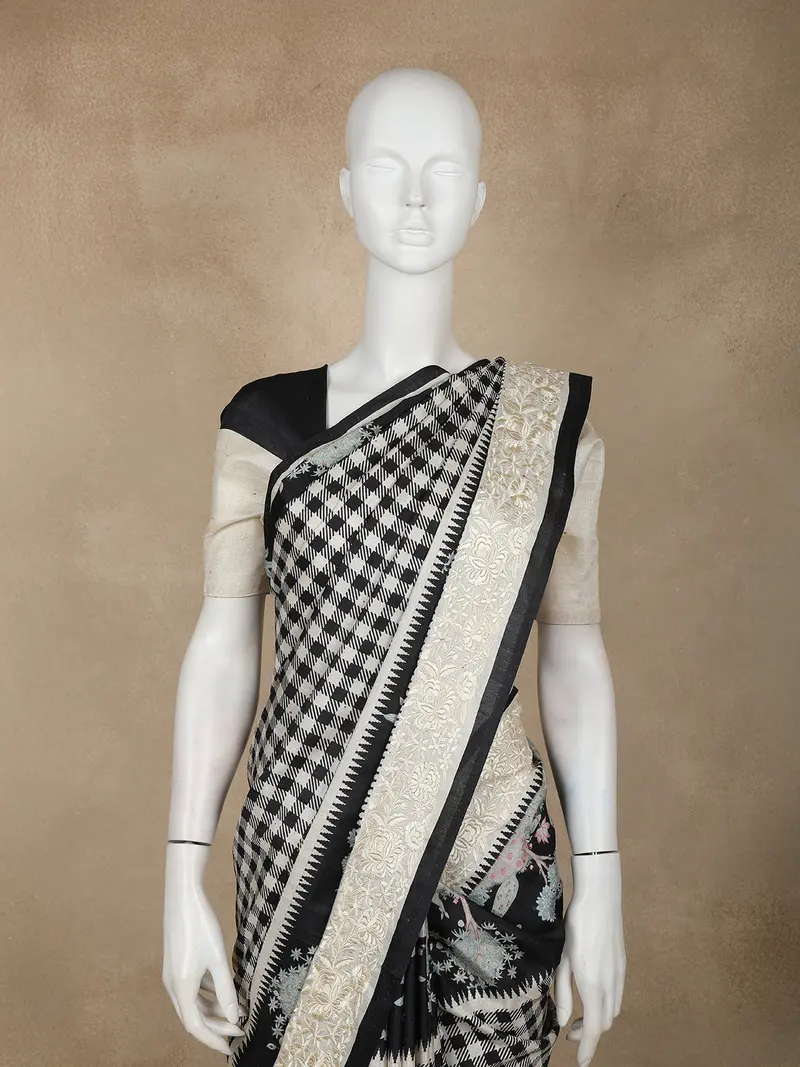 Black Checks Semi Tussar Saree With Designer Border 2