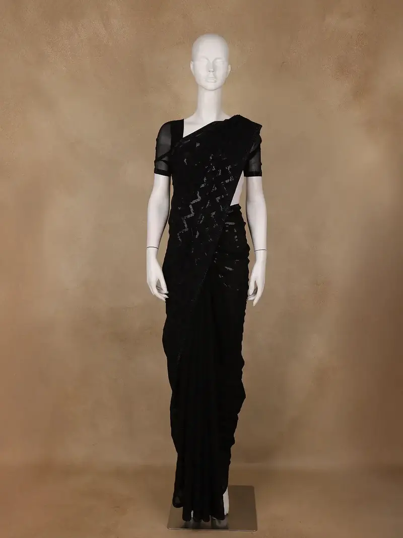 Black Chevron Design Chiffon Saree 1