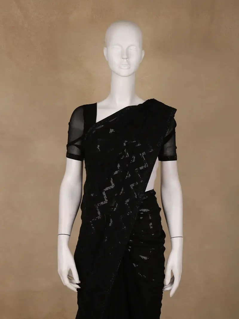Black Chevron Design Chiffon Saree 2