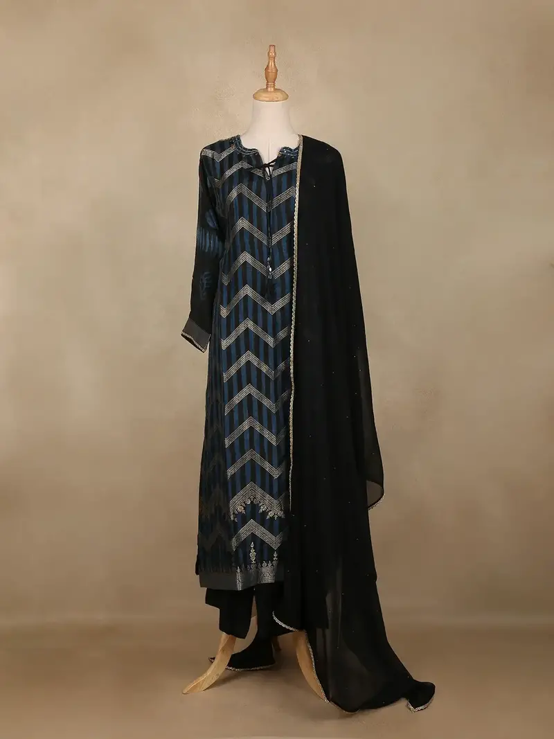 Black Chevron Design Cotton Straight Cut Salwar Suit 1
