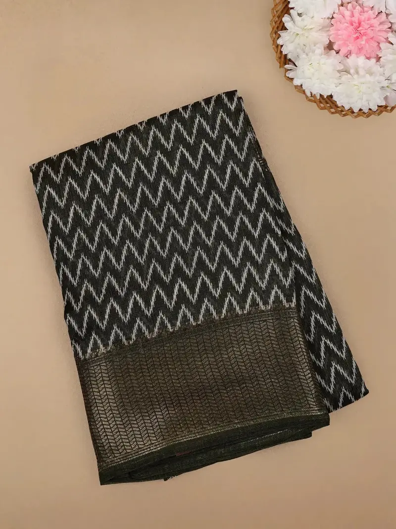 Black Chevron Designed Fancy Cotton Saree 1