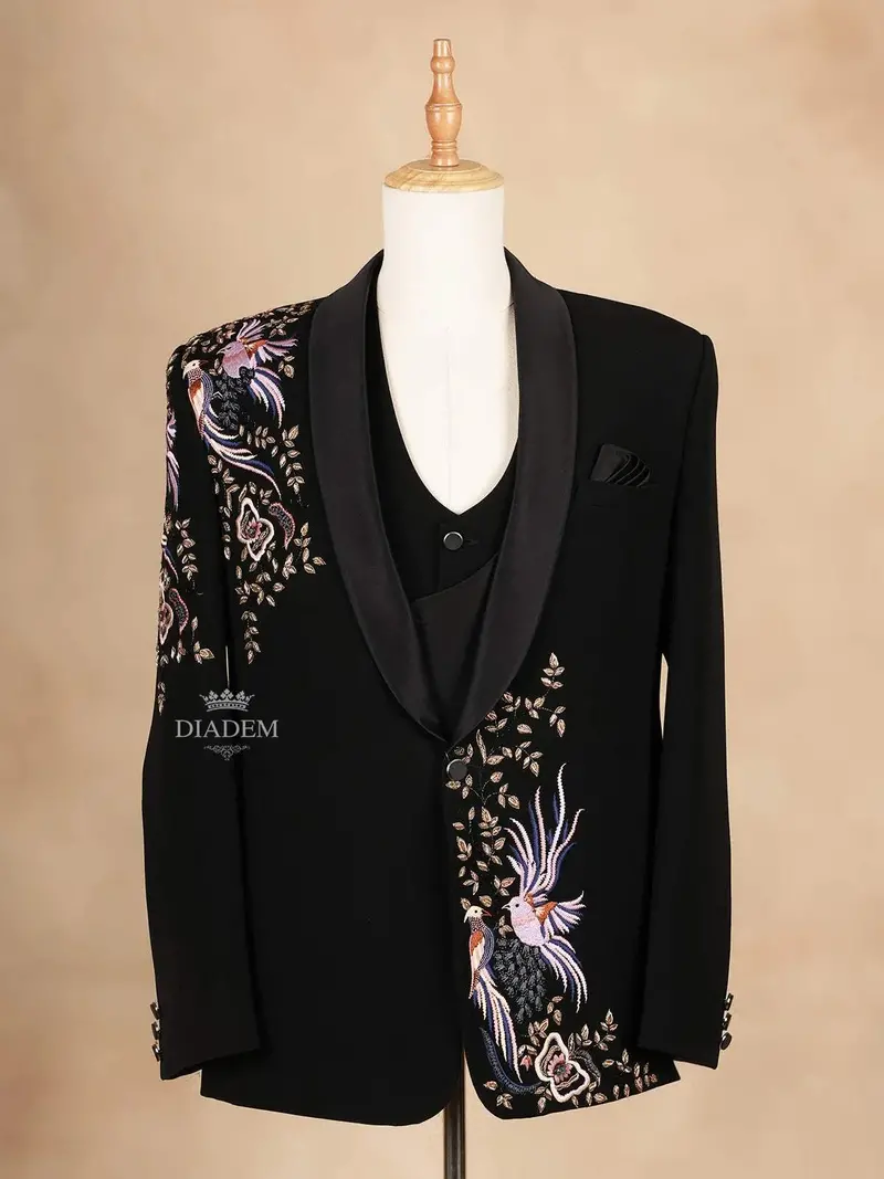 Black Coat Suit Set With Floral And Bird Embroidery 1