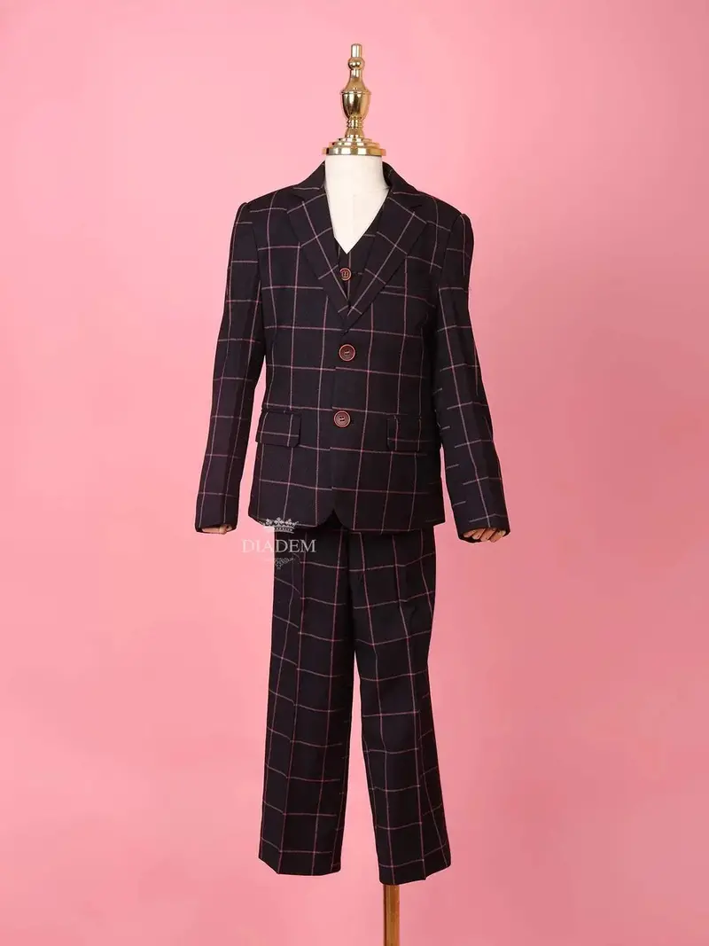 Black Cotton Blend Striped Pattern Coat And Suit For Boys 1