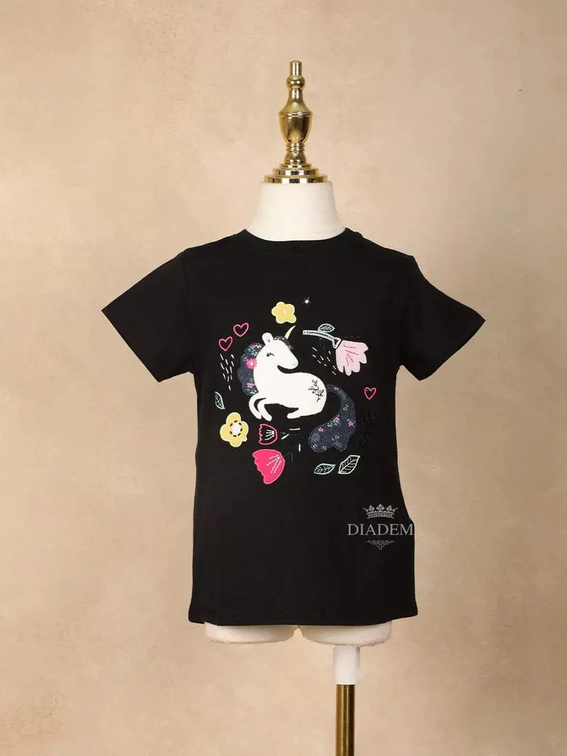 Black Cotton Half Sleeve T-Shirt For Girls With Unicorn Designs 1