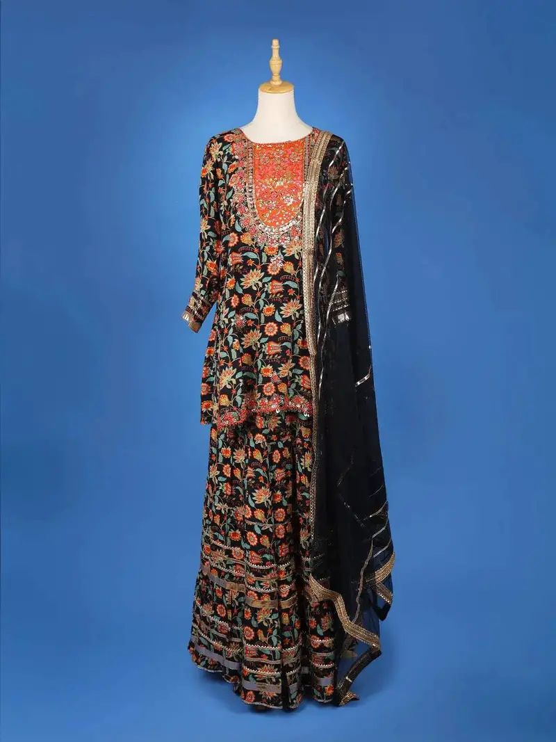 Black Cotton Sharara Salwar Suit Adorned With Printed Floral Design And Embroidery Mirror Work Paired With Dupatta 1