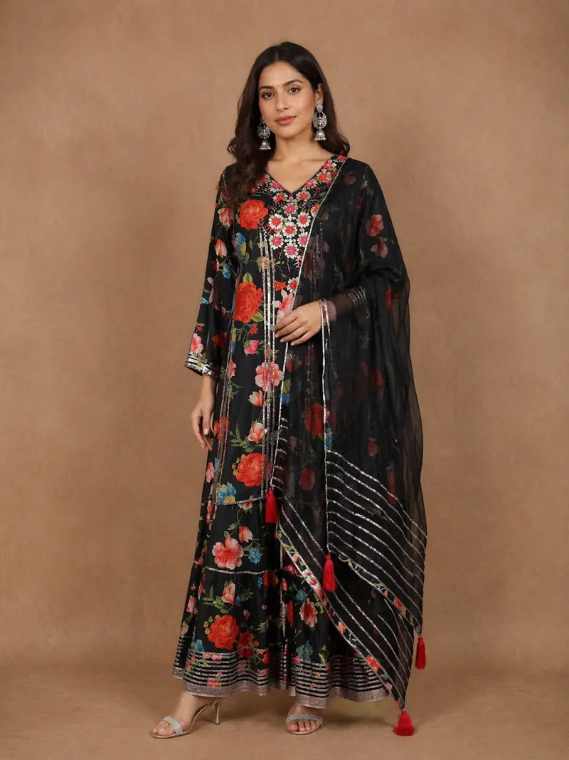 Black Cotton Sharara Salwar Suit For Girls Adorned With Floral Embroidery And Printed Designs Paired With Dupatta 1