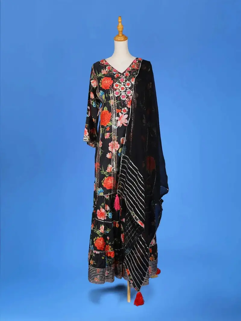 Black Cotton Sharara Salwar Suit For Girls Adorned With Floral Embroidery And Printed Designs Paired With Dupatta 2