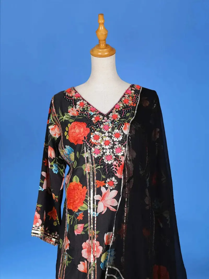 Black Cotton Sharara Salwar Suit For Girls Adorned With Floral Embroidery And Printed Designs Paired With Dupatta 3
